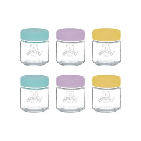 Kilner Kids Jar Set of 6 (110ml) with eco-friendly glass jars and non-spill silicone lids for safe baby food storage.