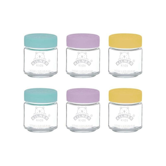 Kilner Kids Jar Set of 6 (110ml) with eco-friendly glass jars and non-spill silicone lids for safe baby food storage.