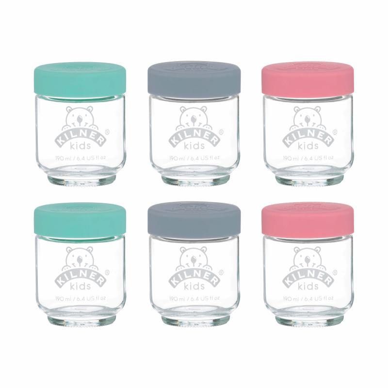 Kilner Kids Jar Set of 6: 190ml glass jars with silicone lids for safe, eco-friendly baby food storage.