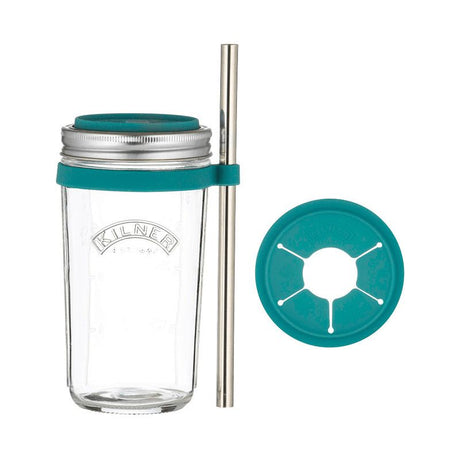 Kilner Smoothie Making Set 500ml with wide mouth jar, silicone lid, splash guard, and stainless steel straw for easy blending.