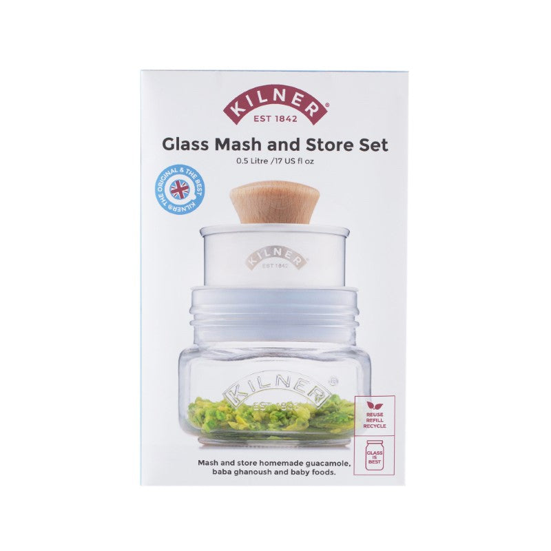 Mash and Store Set - Kilner (500ml) for making fresh dips and baby food; includes glass jar, mashing basket, and tool.