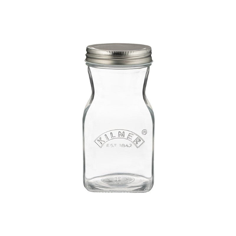 Clear glass Kilner juice and sauce bottle (500ml) with a secure lid, ideal for storing dressings and homemade sauces.