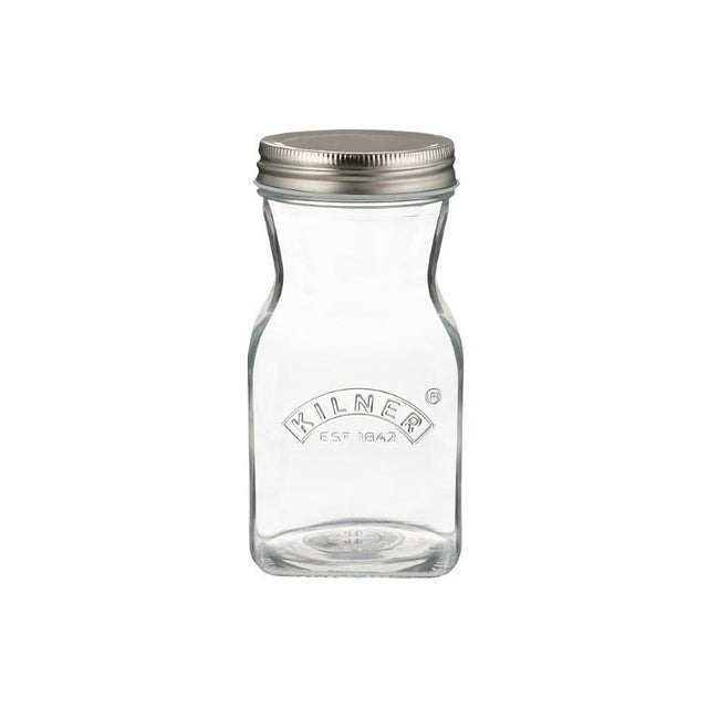 Clear glass Kilner juice and sauce bottle (500ml) with a secure lid, ideal for storing dressings and homemade sauces.