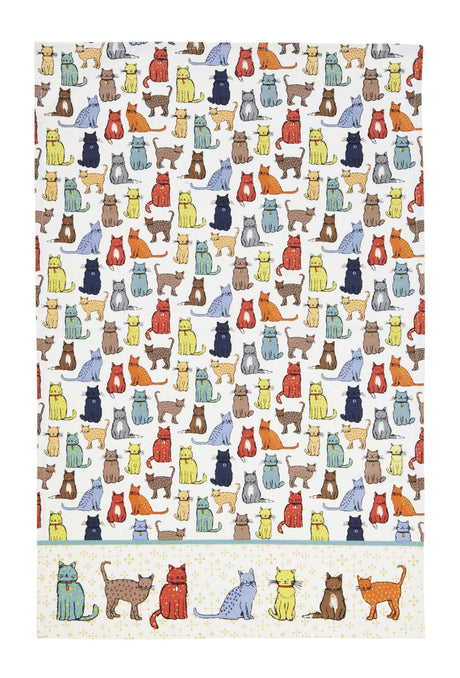 Cotton tea towel featuring playful cat designs, highly absorbent, and perfect for drying dishes or kitchen decor.