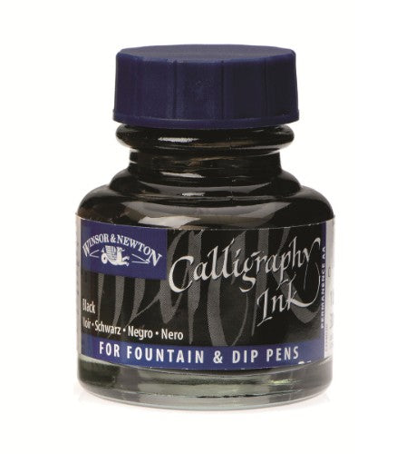 Bottle of Winsor & Newton Blue Black calligraphy ink, 30ml, perfect for smooth lettering and lasting artwork.