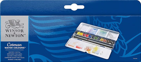 Winsor & Newton Cotman watercolour set in dark blue metal box with 12 half pans, perfect for artists on-the-go.