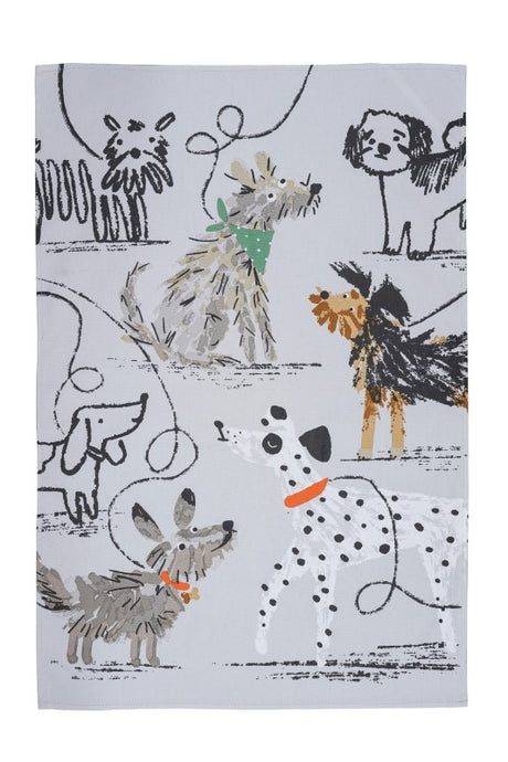 Cotton tea towel featuring playful dogs in Quentin Blake's style, perfect for dog lovers and eco-conscious kitchens.