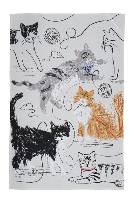 Colorful cotton tea towel featuring whimsical cats and playful mice designs, perfect for cat lovers and kitchen decor.