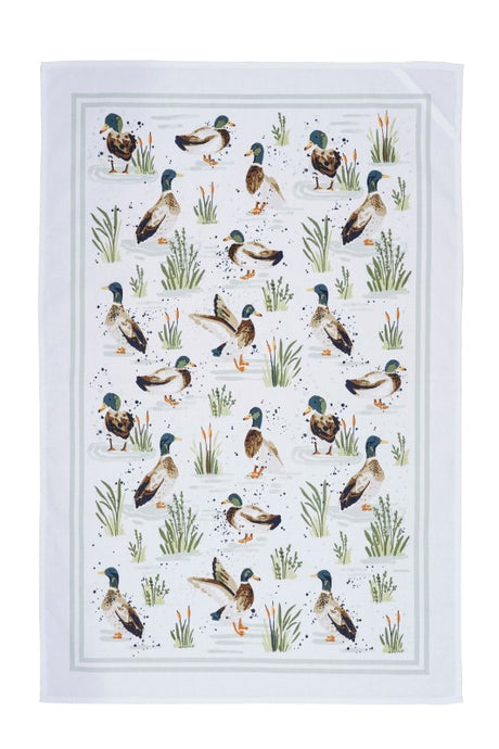 Cotton tea towel featuring whimsical hand-painted mallard ducks on a sage green backdrop, perfect for farmhouse decor.