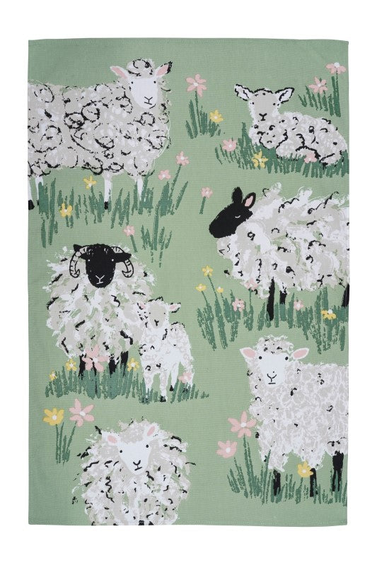 Ulster Weavers cotton tea towel featuring hand-illustrated sheep and lambs, perfect for adding charm to your kitchen.