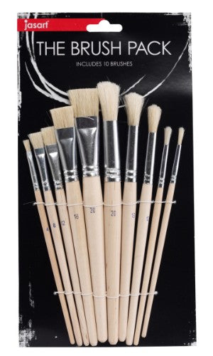 Jasart The Brush Pack featuring 10 assorted hog hair brushes with wooden handles, perfect for various painting techniques.