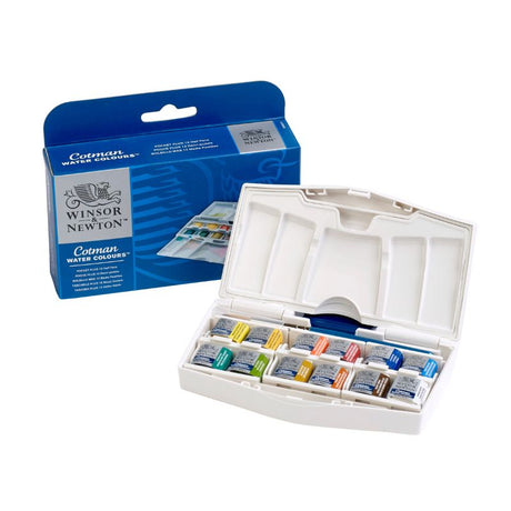 Compact Winsor & Newton Cotman Watercolour set with 12 half pans and brush, perfect for travel and outdoor painting.