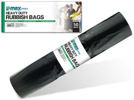 Maxcare Heavy Duty Rubbish Bags, 58L capacity, extra-thick with convenient tie cord, ideal for home and commercial waste management.