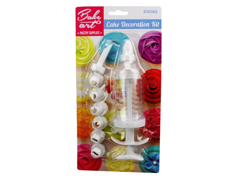 Cake Decoration Kit Set with 24 complete sets, including one injection tube and eight nozzles for professional cake designs.