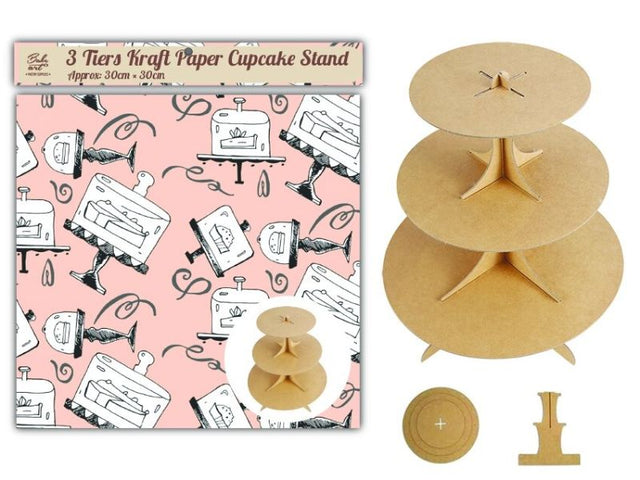 Three-tier cardboard cupcake stand, 30cm tall, featuring 8", 10", and 12" circular tiers, ideal for events and eco-friendly.