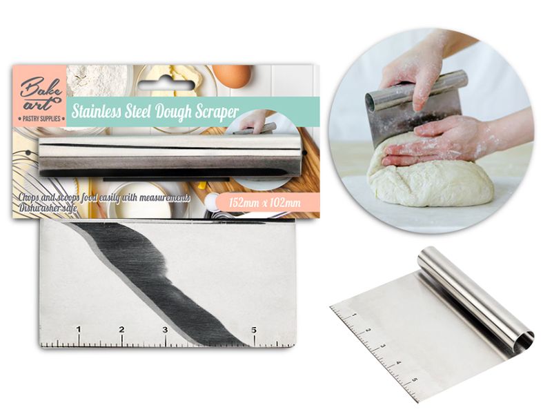 Stainless steel dough scraper with measurement markings, ergonomic grip, ideal for professional and home bakers; pack of 24.