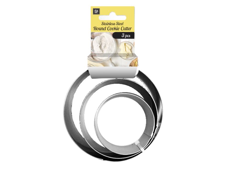 Round stainless steel cookie cutter set with 3 sizes, perfect for precise baking and easy cleanup. Ideal for all skill levels.