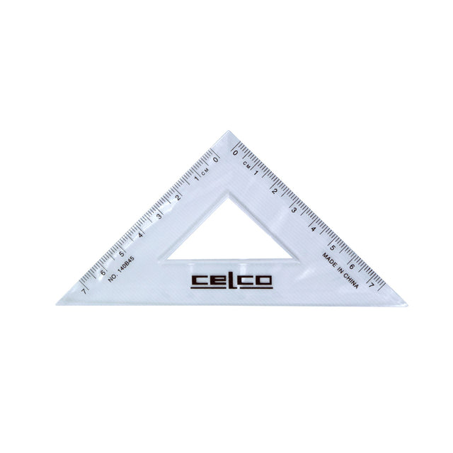 Clear 14cm Celco set squares with 45°/60° angles, perfect for precise drawing and drafting in classrooms or professional settings.