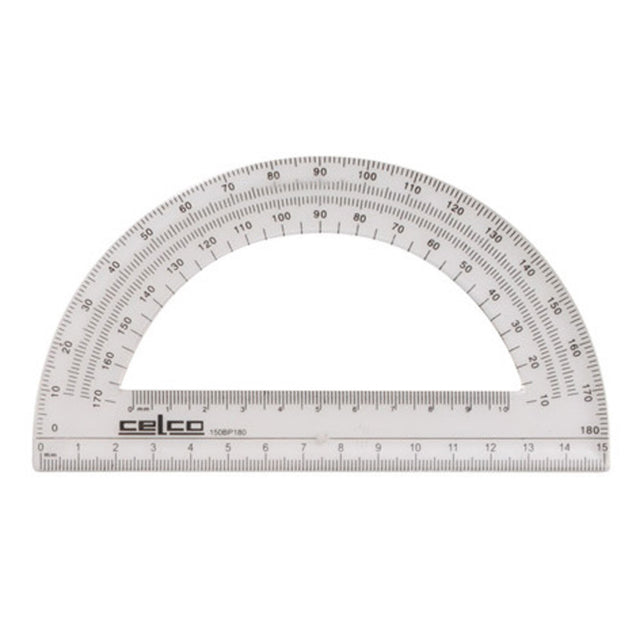 Celco 15cm protractor with durable plastic, clear graduations, centre indicator, and bevelled edge for precise angle measurement.