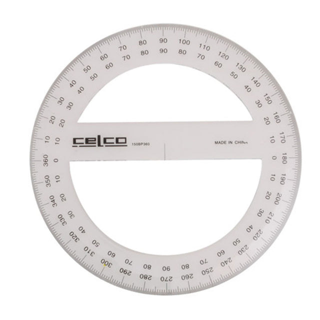 Celco 15cm 360° protractor in clear plastic, featuring opposite graduations, center indicator, and beveled edge for precise measurements.