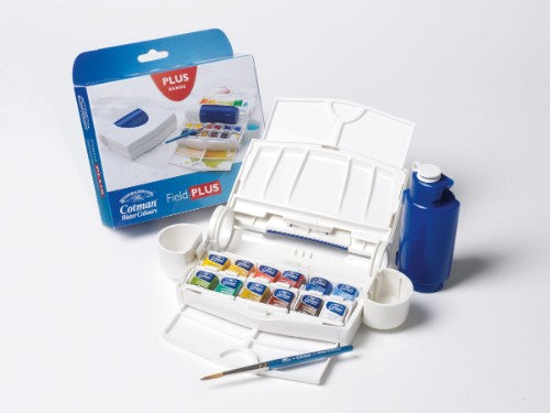 Portable Winsor & Newton Cotman Water Colour Field Plus Set with 12 vibrant 8ml tubes for artists of all skill levels.