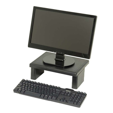 Dac MP107 Monitor Riser in black, elevating monitors for ergonomic comfort, supports up to 30kg, adjustable height for customization.