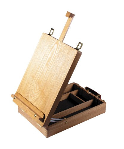 Lightweight elm wood Reeves Cambridge Easel with storage box and adjustable support for canvases up to 620mm high.