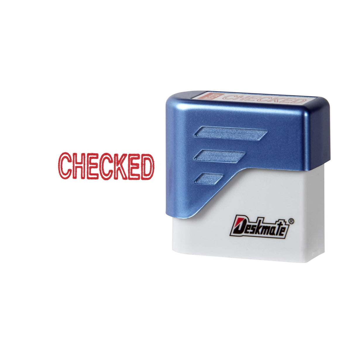 Pre-inked red "Checked" office stamp for 100,000 precise impressions, compact, re-inkable, and stackable for easy storage.