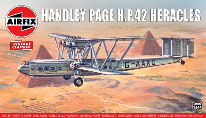 Airfix 1/144 Handley Page H.P.42 Heracles model, featuring 74 detailed pieces and an impressive 277mm wingspan, celebrating aviation history.