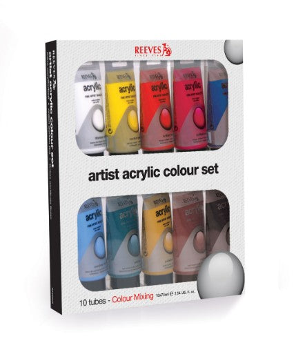 Vibrant set of 10 x 75ml tubes of high-quality acrylic paint, ideal for artists of all skill levels and surfaces.