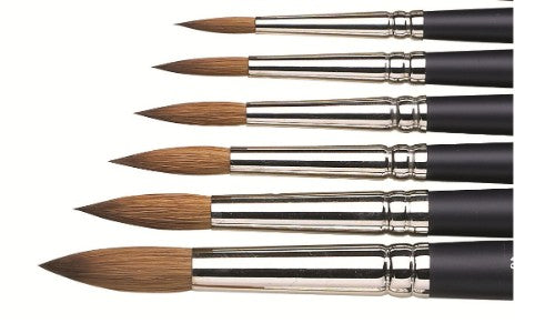 Round Size 0 Winsor & Newton watercolor brush with Kolinsky sable hair, Birchwood handle, and seamless nickel ferrule for detail work.