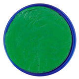 Bright green Snazaroo face paint in an 18ml pot, perfect for vibrant, non-toxic designs at parties and events.