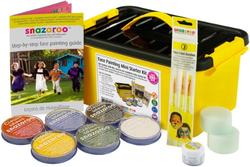 Alt text: "Snazaroo Mini Starter Kit with 6 vibrant face paints, sponges, brushes, glitter gel, and guide for creative face painting."