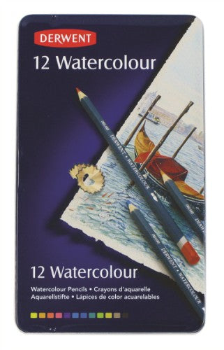 Derwent Watercolour Pencils in Assorted Tin of 12, featuring vibrant, water-soluble colors for versatile drawing and painting.