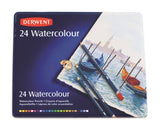 Assorted tin of 24 Derwent Watercolour Pencils for vibrant watercolor effects, featuring a soft, easy-to-blend texture.