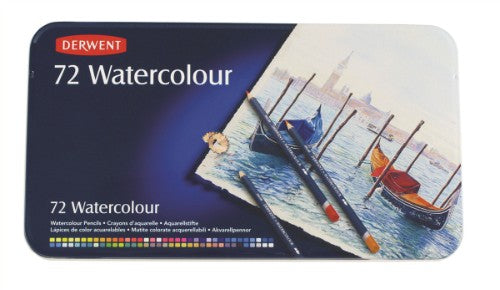 Derwent Watercolour Pencils in a tin of 72, featuring water-soluble, vibrant colors for detailed and fluid artwork.