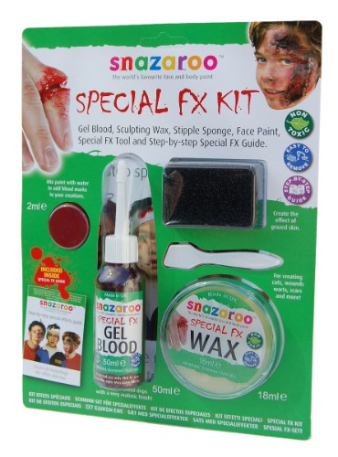 Snazaroo Special FX Kit featuring Gel Blood, Face Paint, and Wax for creating dramatic wounds and character transformations.