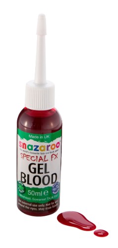 Snazaroo Special FX Gel Blood 50ml tube for realistic wound effects, includes face paint, wax, sponge, spatula, and guide.