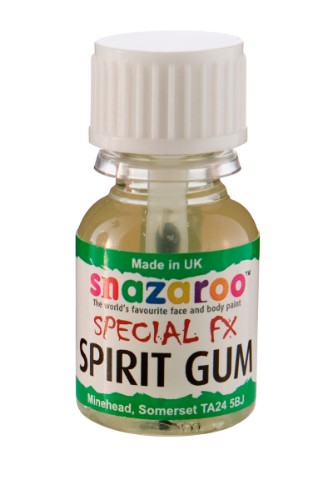 Water-soluble spirit gum in a 10ml bottle for attaching embellishments for special effects makeup.