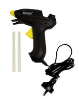 Jasart Glue Gun 10W designed for crafting and DIY, features no-drip nozzle, built-in stand, and includes 2 glue sticks.