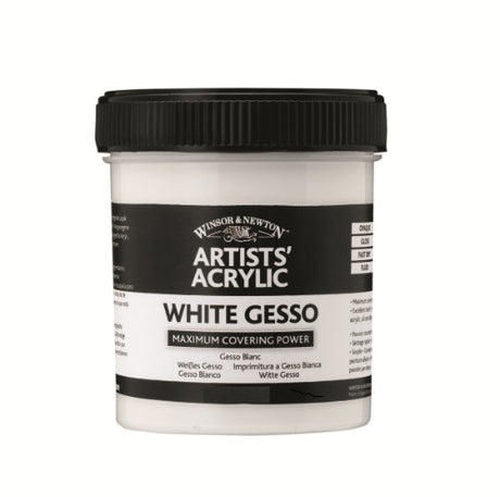 Premium Winsor & Newton White Gesso 225ml, ideal for surface preparation and enhancing acrylic paint adhesion.