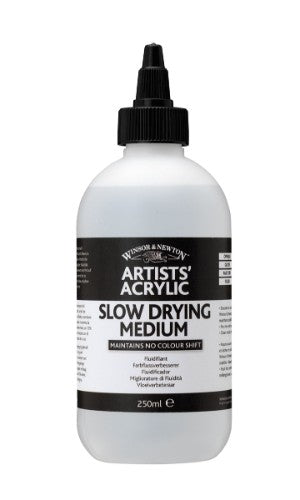 Bottle of Winsor & Newton Slow Drying Medium 250ml, enhancing acrylic painting with extended workability and glossy finish.