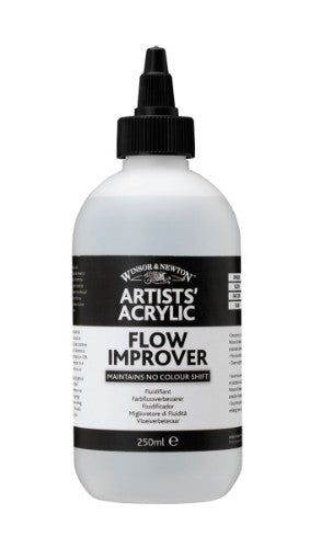 Bottle of Winsor & Newton Flow Improver 250ml, enhancing acrylic paint flow, blendability, and artwork durability.