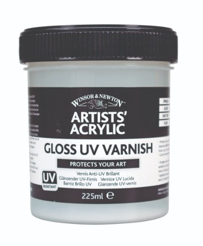 Gloss UV varnish in a 225ml pot, protecting artwork from pollutants and UV damage, suitable for acrylic and oil paintings.