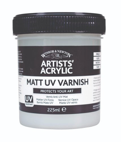 Matt UV Varnish 225ml by Winsor & Newton, providing protective and customizable finish for artworks.