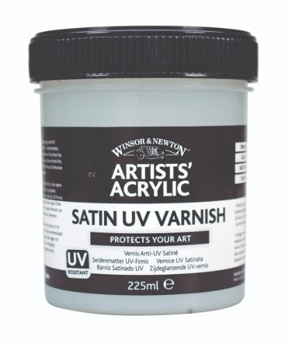 Satin UV varnish by Winsor & Newton protects acrylic artwork, enhancing longevity with a smooth satin finish and UV defense.