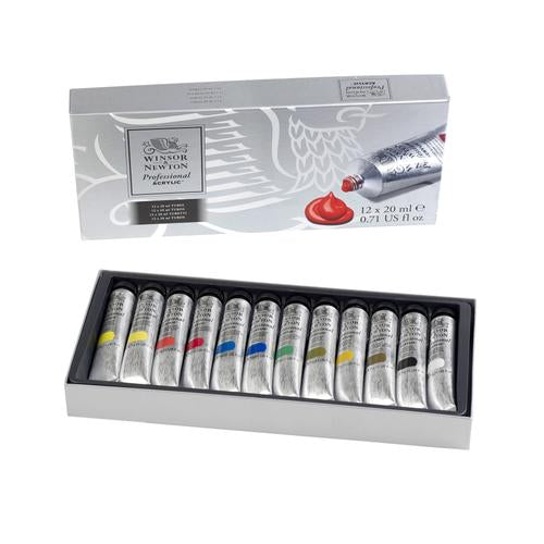 Set of 12 vibrant 20ml Winsor & Newton professional acrylic paints, perfect for artists seeking quality and versatility.