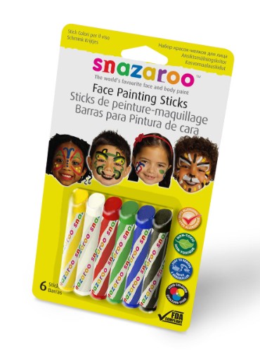 "Snazaroo Facepaint Sticks pack featuring 6 vibrant, non-toxic colors for easy application and removal, ideal for any celebration."