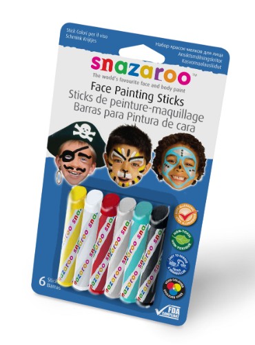 Colorful Snazaroo facepaint sticks in a pack of 6, perfect for kids’ parties and safe for sensitive skin.