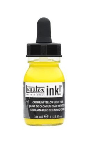 Vibrant 30ml Cadmium Yellow Light Hue acrylic ink by Liquitex, perfect for various techniques and quick-drying applications.